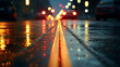 two lanes on a wet road in which car lights are reflected. ai generative