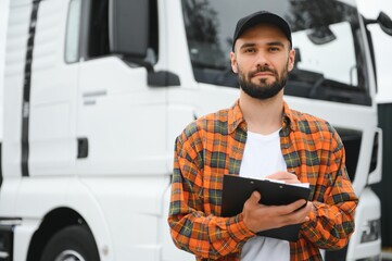 Wall Mural - Truck driver checking shipment list while standing on parking lot of distribution warehouse