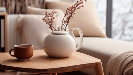 Poster - cup and teapot on wooden table in cafe with sunlight. morning breakfast. morning tea