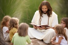 Jesus Sits In Clearing Under Tree Reading Book And Smiling With Children. Jesus Teaches Children New Knowledge By Reading Book Under Tree On Warm Summer Day. Jesus Shares Knowledge With Children