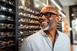 African American old man chooses glasses for vision in store optics. African American man chooses glasses to see well smiling standing in optics store. Optics store for people of different races