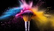 Makeup brush with pink and purple powder explosion: colourful beauty splash, closeup of cosmetic product burst