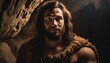 Portrait of a neanderthal man, prehistoric human, tribal caveman in a dark cave, hunter from prehistory