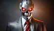 Portrait of evil robot, angry steel android wearing business suit and tie, metal skull with red glowing eyes