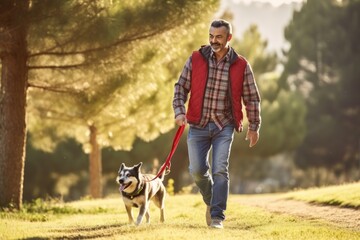 Man walking dog led on leash on leaf-covered road along autumn park. Mature man walks with dog having fun on autumn holidays in nature in city park. Joyful leisure of owner of dog