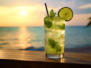 mojito cocktail on the table in front of the sunset on the sea