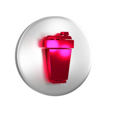 Poster - Red Fitness shaker icon isolated on transparent background. Sports shaker bottle with lid for water and protein cocktails. Silver circle button.