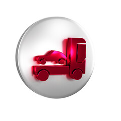 Poster - Red Car transporter truck for transportation of car icon isolated on transparent background. Silver circle button.