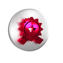 Sticker - Red Medal with star icon isolated on transparent background. Winner achievement sign. Award medal. Silver circle button.