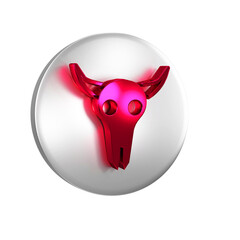 Wall Mural - Red Buffalo skull icon isolated on transparent background. Silver circle button.