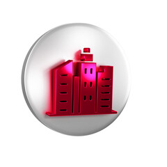 Sticker - Red City landscape icon isolated on transparent background. Metropolis architecture panoramic landscape. Silver circle button.