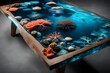 A resin table inspired by vibrant coral reefs, with bioluminescent sea creatures and underwater flora 
