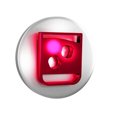 Poster - Red Glass of whiskey and ice cubes icon isolated on transparent background. Silver circle button.