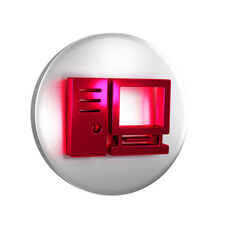 Canvas Print - Red Computer monitor icon isolated on transparent background. PC component sign. Silver circle button.