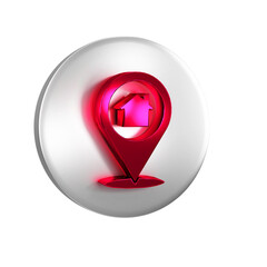 Poster - Red Map pointer with house icon isolated on transparent background. Home location marker symbol. Silver circle button.