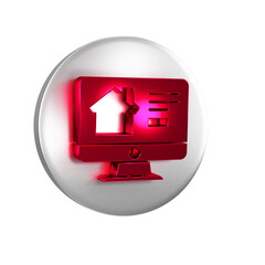 Poster - Red Online real estate house on monitor icon isolated on transparent background. Home loan concept, rent, buy, buying a property. Silver circle button.