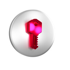 Wall Mural - Red House key icon isolated on transparent background. Silver circle button.