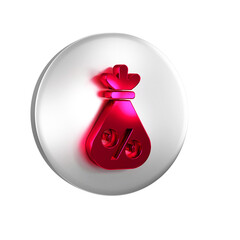 Sticker - Red Money bag with percent icon isolated on transparent background. Cash Banking currency sign. Silver circle button.