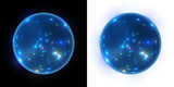 Luminous blue sphere with tiny star-like specks on a black and transparent alpha backdrop. 3D render
