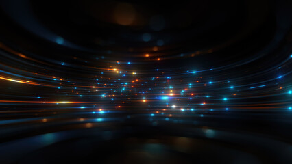 Wall Mural - streaks of light zoom through a dark, expansive backdrop. to represent data transfer, speed, and con