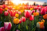 Fototapeta Tulipany - Vibrant tulips in bloom, a lively spring scenery. Generative AI