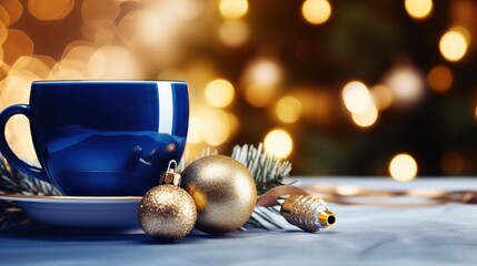 Sticker - On the table lies a blue coffee cup, accompanied by a Christmas ornament