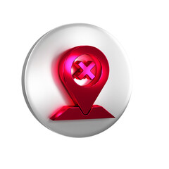 Poster - Red Map pin icon isolated on transparent background. Navigation, pointer, location, map, gps, direction, place concept. Silver circle button.