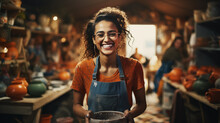 Photo A Smiling African American Craftswoman, Dressed In An Apron, Plaid Shirt, Makes A Clay Vase, Working In Her Cozy Workshop.