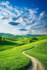 Panoramic spring landscape - picturesque winding path through a green grass field in hilly landscape with blue sky