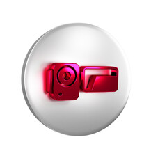 Wall Mural - Red Cinema camera icon isolated on transparent background. Video camera. Movie sign. Film projector. Silver circle button.