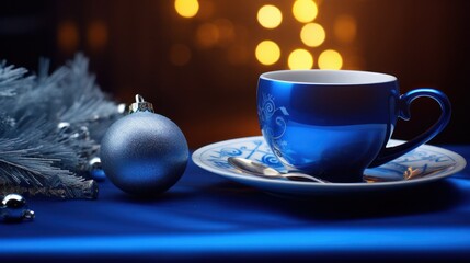 Sticker - On the table lies a blue coffee cup, accompanied by a Christmas ornament