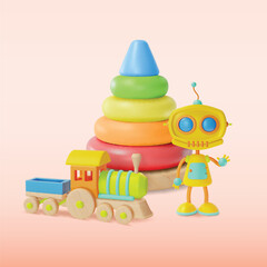 Sticker - 3d Kid Toy Concept Cartoon Style Include of Robot, Wooden Train and Pyramid with Colorful Rings. Vector illustration