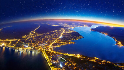 Wall Mural - panoramic view on planet earth globe from space glowing city lights light clouds generative ai