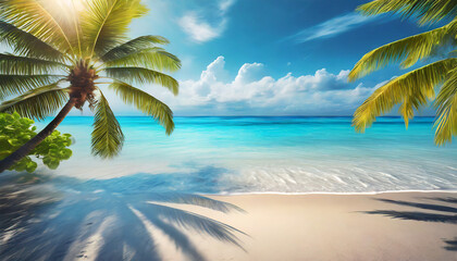 Poster - best travel landscape paradise beach tropical island background beautiful palm trees closeup sea waves sunshine blue sky clouds luxury travel summer vacation website design zen inspire wallpaper