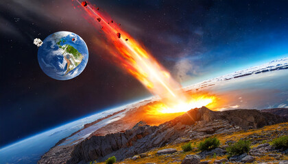 Wall Mural - meteor impact with earth fireball asteroid in collision with planet
