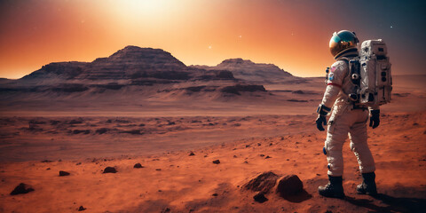 Wall Mural - Astronaut standing on surface of the mars, galaxy view, wallpaper.