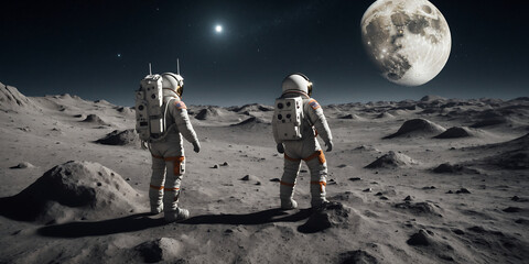 Wall Mural - Astronaut in space waiting to launch the rocket on the surface of the moon, galaxy view, colorful galaxy, wallpaper.