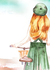 Watercolor young woman with bike portrait painting. Hand painted girl with bicycle illustration.Abstract image of a girl with beret in a vintage dress.