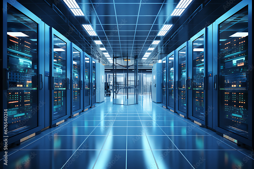 Vista interior de una data centre o CPD. Pasillos con racks de ...