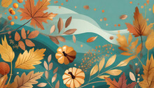 Autumn Thanksgiving Leaves Wave Background Abstract Fall Blue Teal Yellow Brown Golden Earth Tones Backdrop Cartoon Illustration For Web Mobile Thanksgiving Dinner Banner
