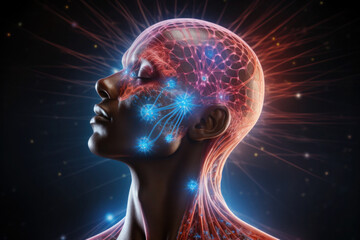 Wall Mural - spiritual life and esoteric concept. silhouette of human head with glowing neurons on dark backgroun
