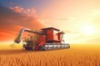 3D illustration of farm harvester in action on an expansive orange field. Generative AI