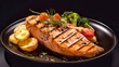 Grilled salmon fillet with baked potatoes, broccoli and other vegetables on a black background