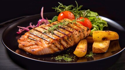 Grilled salmon steak with baked potatoes and vegetables on a black plate