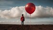 © Milutinovich - Kid standing and looking in a distance. With balloon floating behind him. Childhood exploration concept. Growing and learning idea. With copy space.