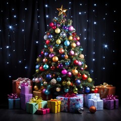 Sticker - 
A classic Christmas tree, but with fluorescent decorations. The balls, stars and lights have bright colors