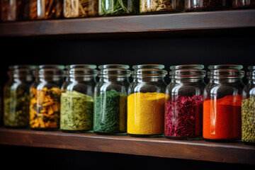 Poster - A row of colorful spices in glass jars on a kitchen shelf. Concept of culinary diversity and flavor. Generative Ai.