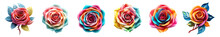 Set Of Colorful 3d Render Rose Blossom, Isolated Beautiful Flowers Illustration On Transparent Background. Generative AI