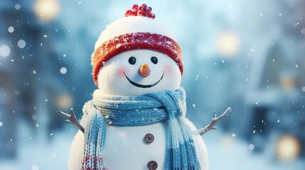 Wall Mural - Winter holiday Christmas greeting card background concept. Closeup of a cute and funny laughing snowman with scarf and wool hat 