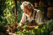 © Sebastian - An elderly gentleman gardening with a wide smile in his lush backyard. Concept of a green thumb and gardening joy. Generative Ai.